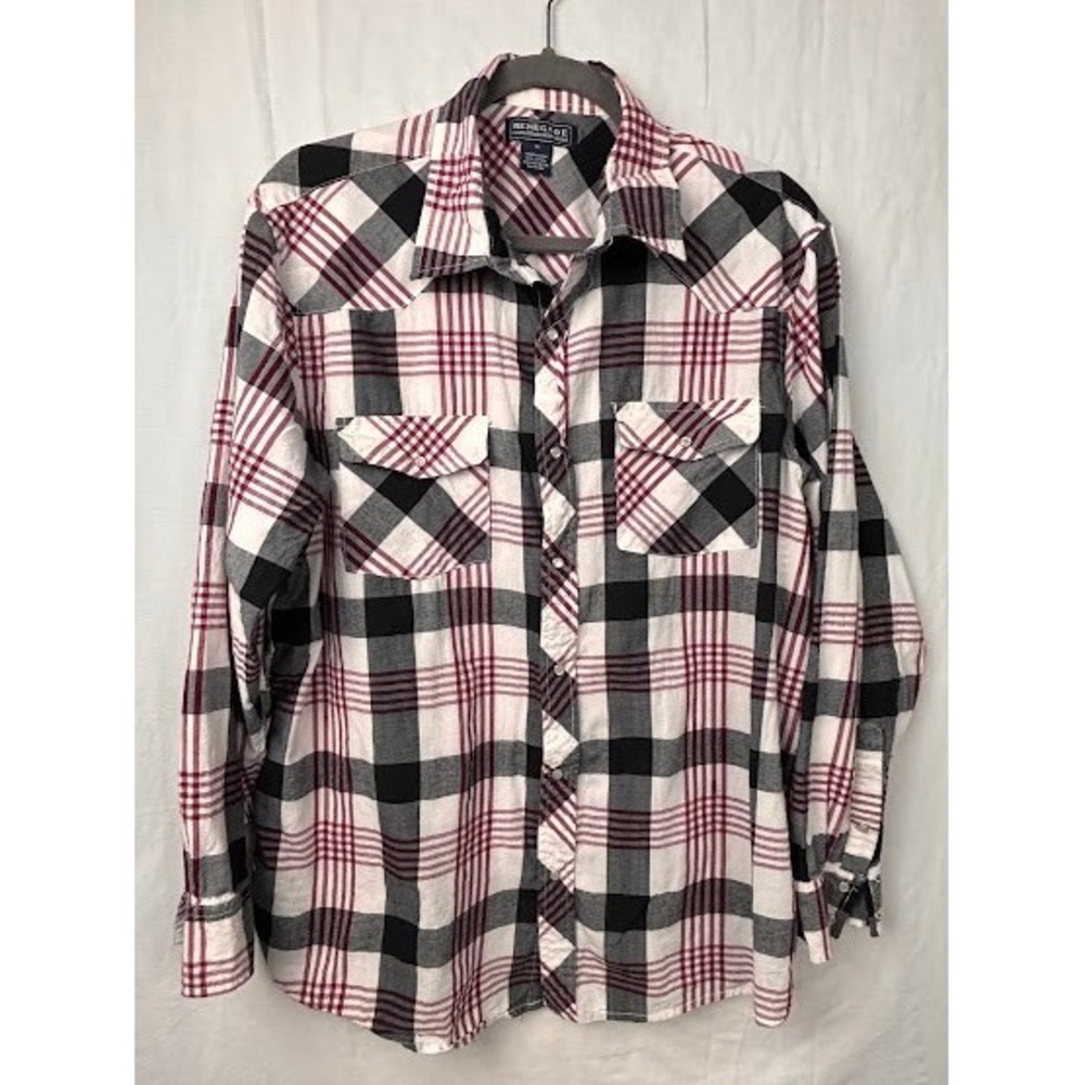 Renegade Mens XL Western Plaid Button Up Shirt Burgundy Black White Long Sleeve